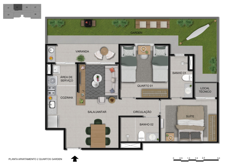 Planta - 2 Quartos - 59,86M² + Área privativa descoberta