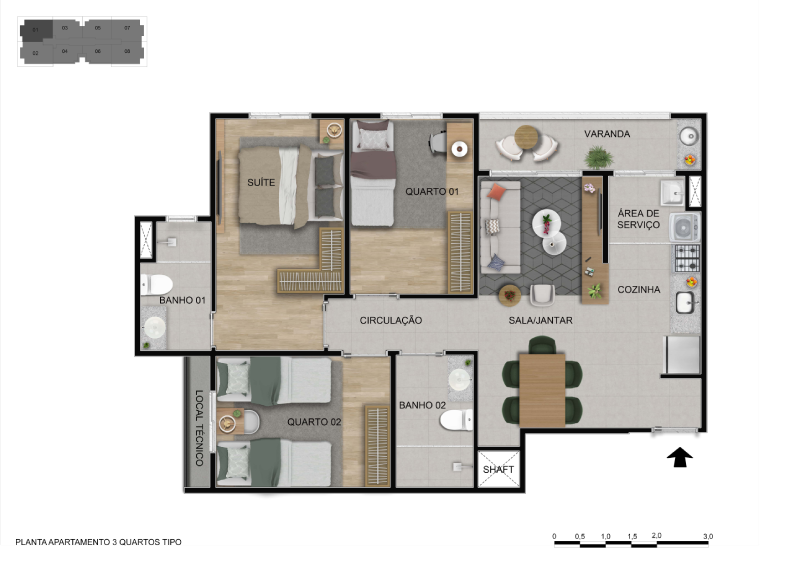 Planta - 3 Quartos - 72,80M²