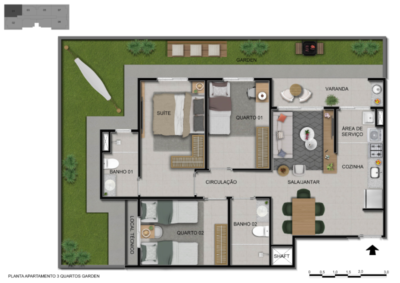 Planta - 3 Quartos - 72,80M² + Área privativa descoberta