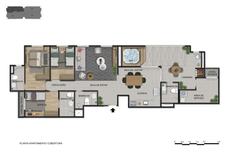 Planta - 3 Quartos - 2 suítes - 132,65M²